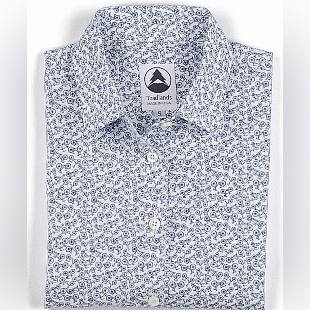 Tradlands Bicycle print SS shirt. Size XS. Made in USA.
